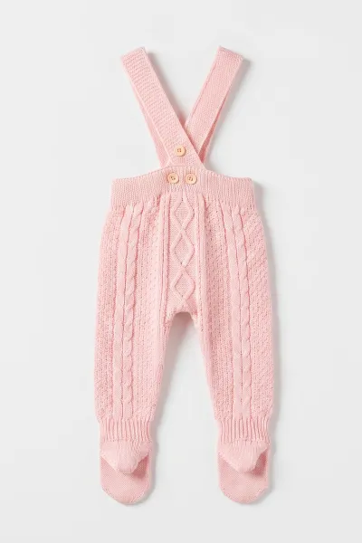 Pembe (0-12 Ay) Örgülü Ayaklı Kız Bebek Triko Salopet 474326