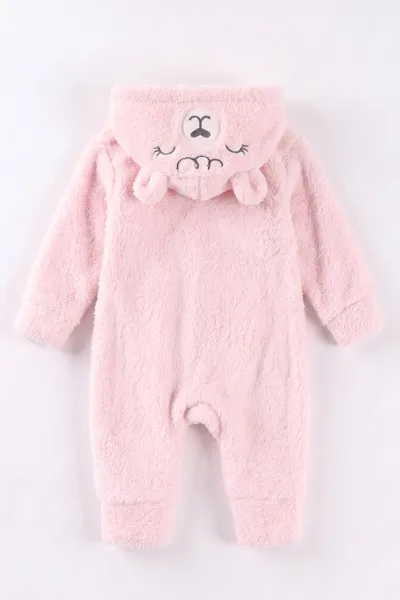 Pembe (0-12 Ay)Kapüşonu  Gülen Ayı Nakışlı  Peluş Kız Bebek Tulum 494435