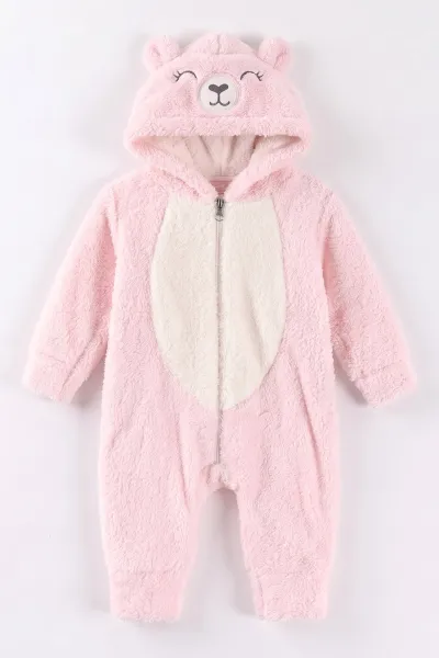 Pembe (0-12 Ay)Kapüşonu  Gülen Ayı Nakışlı  Peluş Kız Bebek Tulum 494435