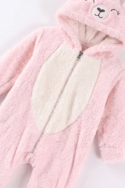 Pembe (0-12 Ay)Kapüşonu  Gülen Ayı Nakışlı  Peluş Kız Bebek Tulum 494435
