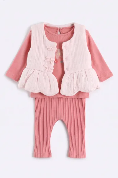 Pembe (0-12 Ay)Üç Kurdela Yelekli Fitilli Taytlı Kız Bebek 3'lü Takım 473363