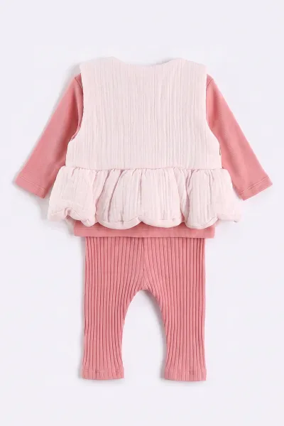 Pembe (0-12 Ay)Üç Kurdela Yelekli Fitilli Taytlı Kız Bebek 3'lü Takım 473363