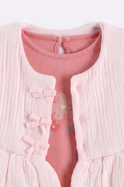 Pembe (0-12 Ay)Üç Kurdela Yelekli Fitilli Taytlı Kız Bebek 3'lü Takım 473363