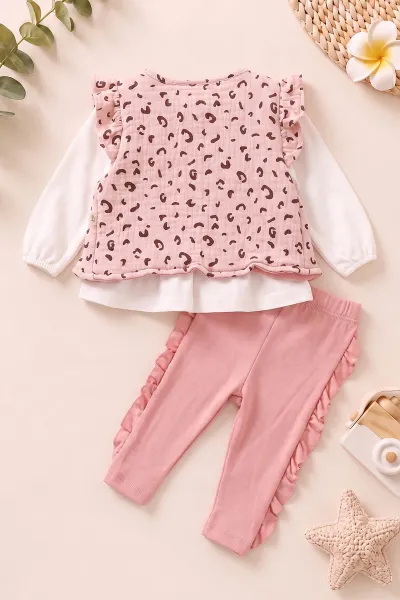 Pembe (0-12 Ay)Yeleği Fiyonk Detaylı Kız Bebek 3'lü Takım 473276
