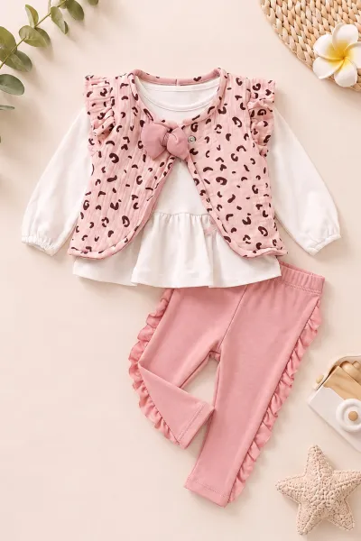 Pembe (0-12 Ay)Yeleği Fiyonk Detaylı Kız Bebek 3'lü Takım 473276