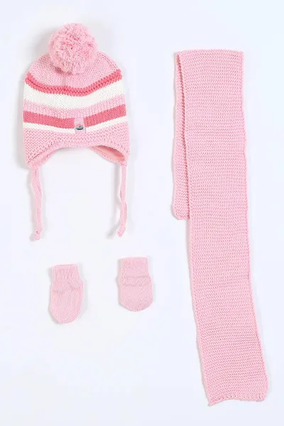 Pembe (0-18 Ay)Desenli İç Polar Kız Bebek Atkı Bere Eldiven Takım 319149
