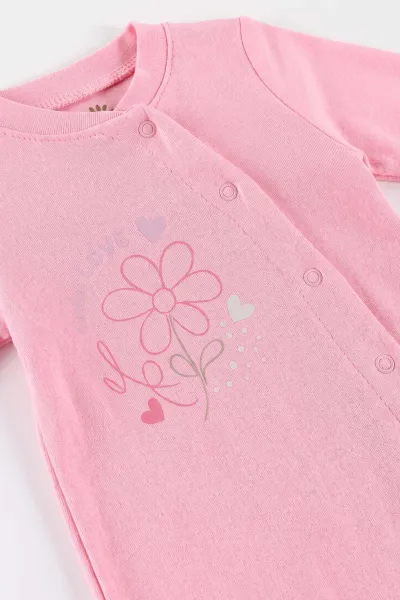 Pembe (0-3 Ay) Always Love Baskılı Penye ve Şapkalı 2'li Kız Bebek Tulum 492593