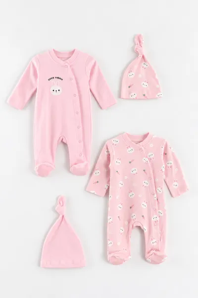 Pembe (0-3 Ay) Anımals Baskılı Raporlu ve Şapkalı 2'li Kız Bebek Tulum 492626