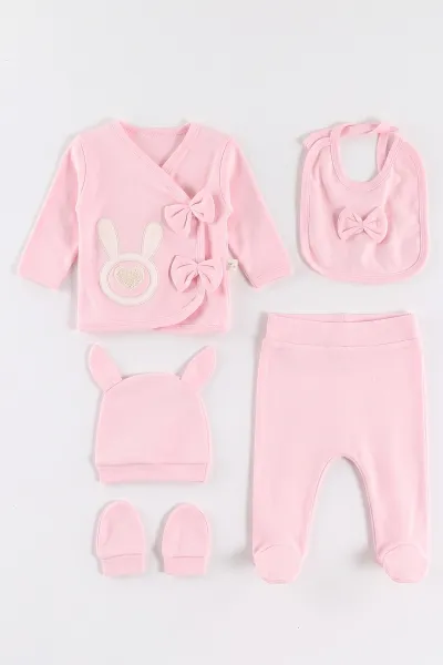 Pembe (0-3 Ay) Aplikeli Tavşan Nakışlı 5'li Kız Bebek Zıbın Takım 479255