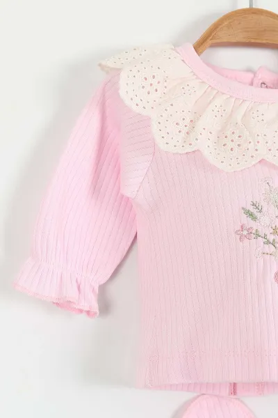 Pembe (0-3 Ay) Çiçek Buketi Nakışlı Brode Yaka Yenidoğan 5'li Kız Bebek Zıbın Seti 425670