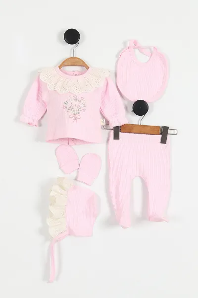 pembe-0-3-ay-cicek-buketi-nakisli-brode-yaka-yenidogan-5li-kiz-bebek-zibin-seti-425670