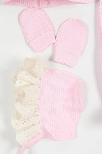 Pembe (0-3 Ay) Çiçek Buketi Nakışlı Brode Yaka Yenidoğan 5'li Kız Bebek Zıbın Seti 425670