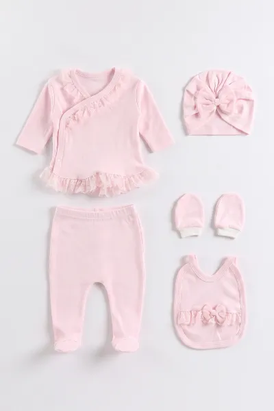 Pembe (0-3 Ay) Fistolu Dantelli Yeni Doğan 5'li Kız Bebek Zıbın Seti 475376