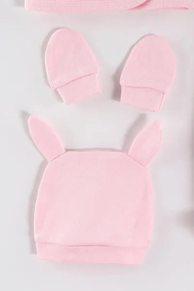 Pembe (0-3 Ay) Fiyonklu Tavşan Nakışlı  Patikli 5'li Kız Bebek Takım 462974