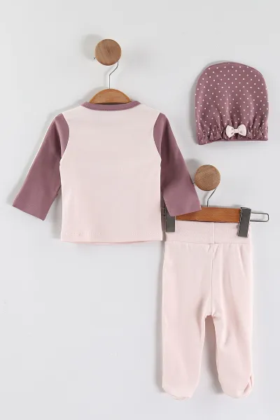 Pembe (0-3 Ay) Hediye Paketli Ayıcık Baskılı   Patikli Kız Bebek 3'lü Zıbın Takım 453763