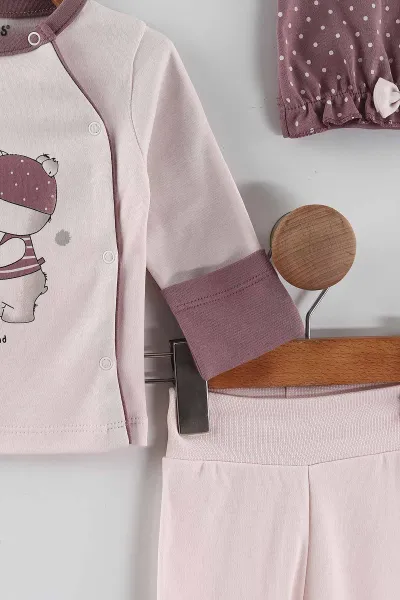 Pembe (0-3 Ay) Hediye Paketli Ayıcık Baskılı   Patikli Kız Bebek 3'lü Zıbın Takım 453763