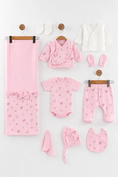 Pembe (0-3 Ay) Kalp Baskılı Kutulu 10'lu Yeni Doğan Kız Bebek Zıbın ve Hastane Çıkış Setleri 475472