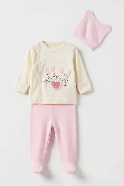 Pembe (0-3 Ay) Kalpli Tavşan Nakışlı 3'lü Kız Bebek Zıbın Seti 477156