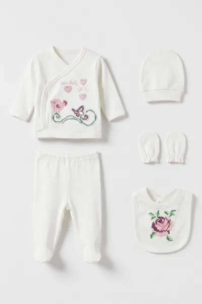 Pembe (0-3 Ay) Kanaviçe Gül İşlemeli  Yeni Doğan 5'li Kız Bebek Zıbın Seti 475370