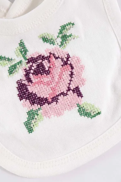 Pembe (0-3 Ay) Kanaviçe Gül İşlemeli  Yeni Doğan 5'li Kız Bebek Zıbın Seti 475370