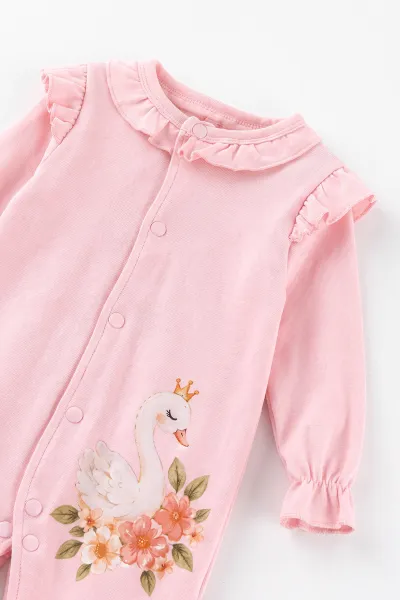 Pembe (0-3 Ay) Kuğu Baskılı Patikli Bandanalı Penye 2'li Kız Bebek Tulum 500350