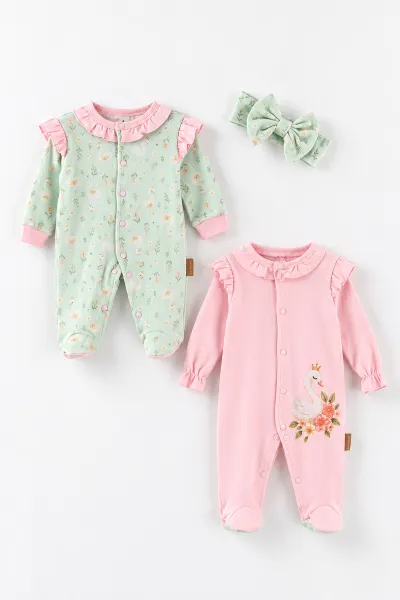 Pembe (0-3 Ay) Kuğu Baskılı Patikli Bandanalı Penye 2'li Kız Bebek Tulum 500350