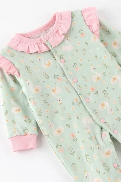 Pembe (0-3 Ay) Kuğu Baskılı Patikli Bandanalı Penye 2'li Kız Bebek Tulum 500350