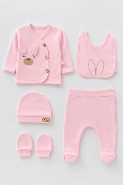 Pembe (0-3 Ay) Kulaklı Tavşan Nakışlı 5'li Kız Bebek Zıbın Takım 479246