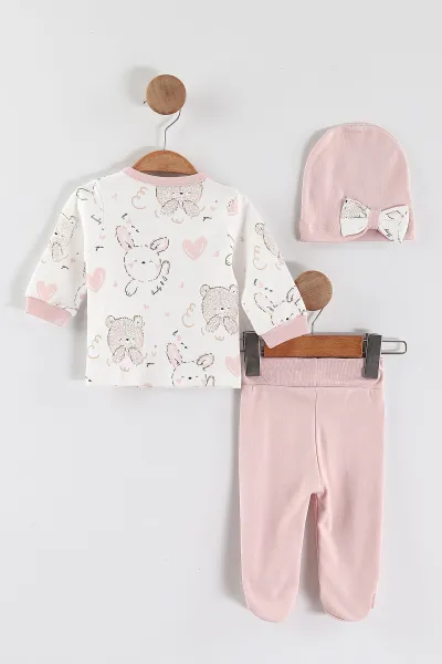 Pembe (0-3 Ay) Kurdeleli Tavşan  Baskılı   Patikli Kız Bebek 3'lü Zıbın Takım 453766