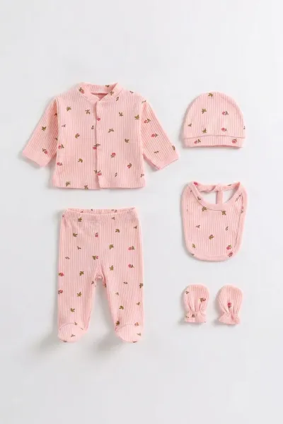 Pembe (0-3 Ay) Lale Desenli Raporlu 5'li Kız Bebek Zıbın Seti 475613