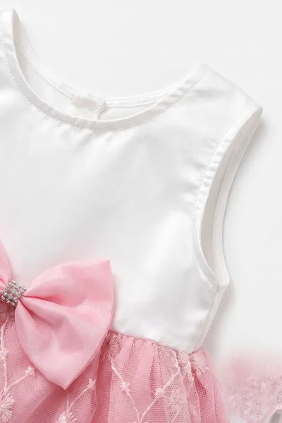 Pembe (0-3 Ay) Papatya Nakışlı Arkası Kurdelalı Bandanalı  Yeni Doğan Özel Gün Kıyafeti ve Mevlüt Elbisesi 475570