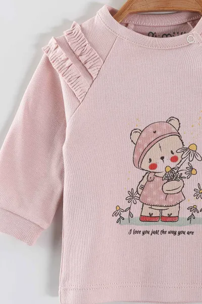 Pembe (0-3 Ay) Papatyalı Ayıcık Baskılı   Patikli Kız Bebek 3'lü Zıbın Takım 453759
