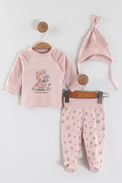Pembe (0-3 Ay) Papatyalı Ayıcık Baskılı   Patikli Kız Bebek 3'lü Zıbın Takım 453759