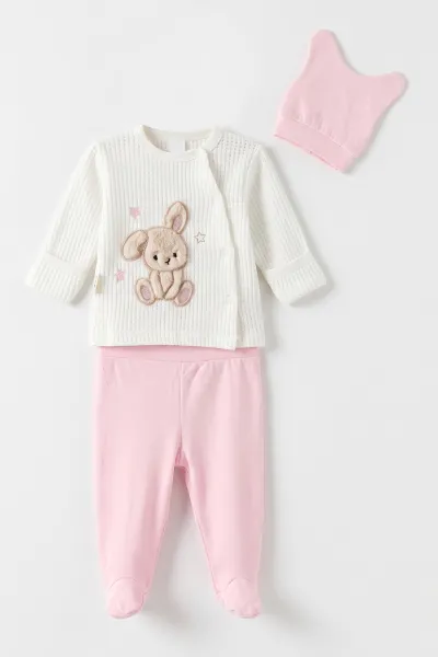 Pembe (0-3 Ay) Pelüş Ayıcık Nakışlı Patikli ve Şapkalı Kız Bebek 3'lü Takım 477160