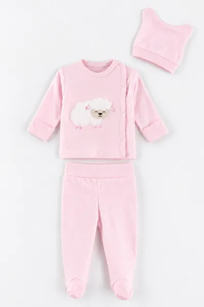 Pembe (0-3 Ay) Peluş Kuzu Nakışlı Patikli Yeni Doğan Bebek 3'lü Zıbın Takım 477184