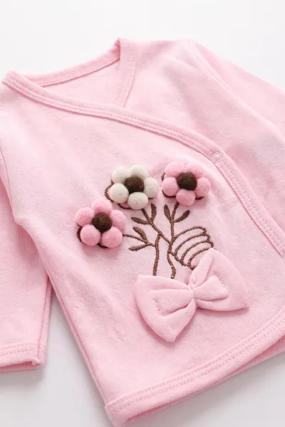 Pembe (0-3 Ay) Ponpon Çiçekli 5'li Kız Bebek Zıbın Takım 479261