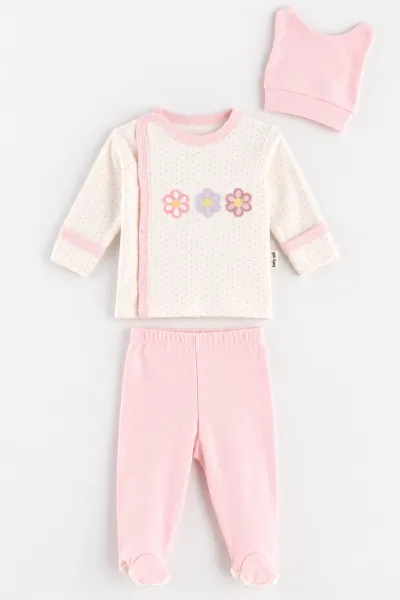 Pembe (0-3 Ay) Puantiyeli Papatya Nakışlı Patikli 3'lü Kız Bebek Takım 477173