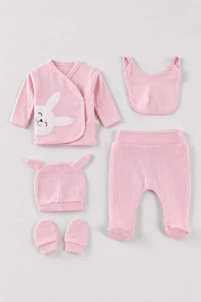 Pembe (0-3 Ay) Raporlu Tavşan Nakışlı 5'li Kız Bebek Zıbın Takım 479241