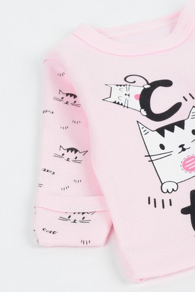 Pembe (0-3 Ay) Şaşkın Kedi Baskılı Erkek Çocuk Zıbın Takım 142075