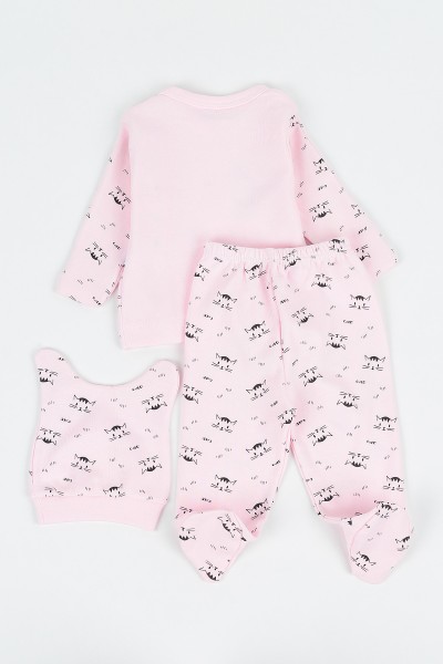 Pembe (0-3 Ay) Şaşkın Kedi Baskılı Erkek Çocuk Zıbın Takım 142075