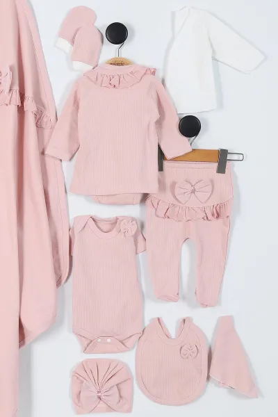 Pembe (0-3 Ay) Süslü Fiyonklu Ayı Nakışlı  Yenidoğan Kız Bebek 10'lu Zıbın ve Hastane Çıkış Setleri 428211