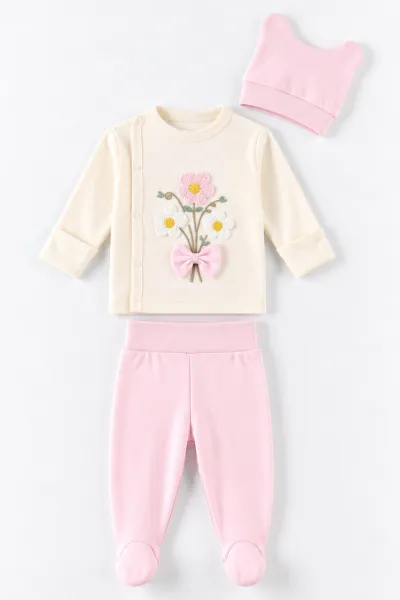 Pembe (0-3 Ay) Süzene Çiçek Nakışlı Patikli 3'lü Kız Bebek Takım 477169