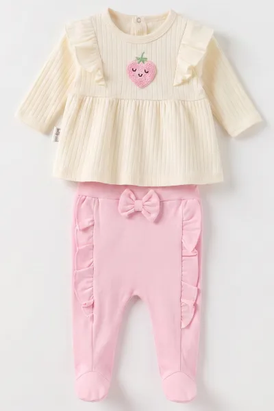 Pembe (0-3 Ay) Süzene Çilek Nakışlı Kız Bebek Takım 477233