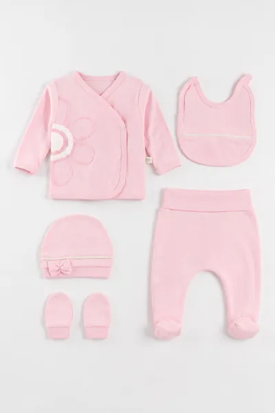 Pembe (0-3 Ay) Süzene Papatya Nakışlı 5'li Kız Bebek Zıbın Takım 479252