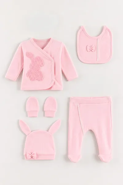 Pembe (0-3 Ay) Süzene Tavşan Nakışlı 5'li Kız Bebek Zıbın Takım 479264