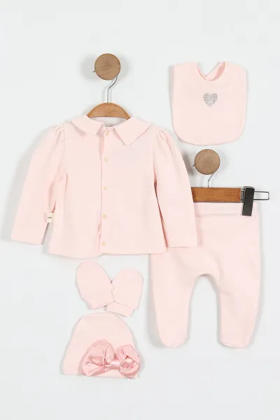 Pembe (0-3 Ay) Taş Detaylı  Kız Bebek 5'li Zıbın Seti 429693