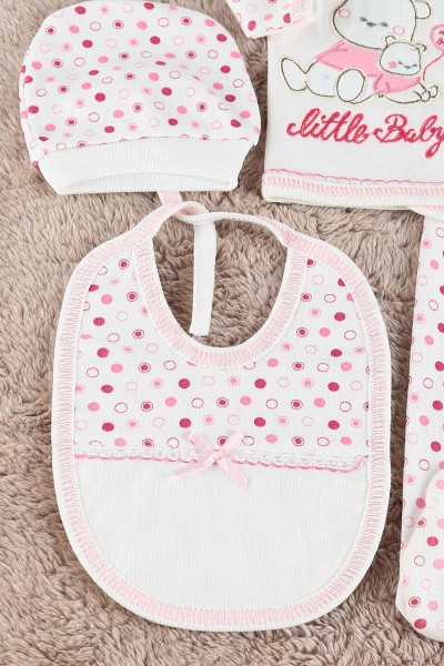 Pembe (0-3 Ay) Yatan Ayı Nakışlı 5'li Kız Bebe Zıbın Seti 200948