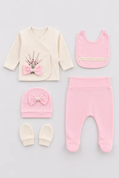 Pembe (0-3 Ay)Buğday Nakışlı Fiyonklu Yandan Çıtlı Yenidoğan 5'li Kız Bebek Zıbın Seti 479267