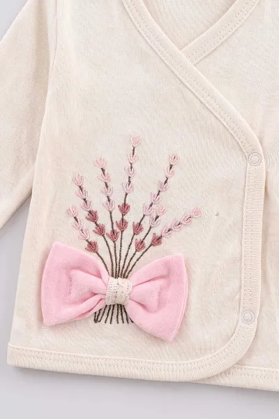 Pembe (0-3 Ay)Buğday Nakışlı Fiyonklu Yandan Çıtlı Yenidoğan 5'li Kız Bebek Zıbın Seti 479267