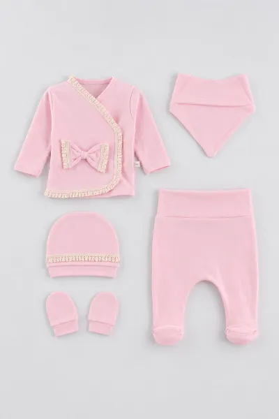 Pembe (0-3 Ay)Büzgülü Fistolu Yandan Çıtlı Yenidoğan 5'li Kız Bebek Zıbın Seti 479271